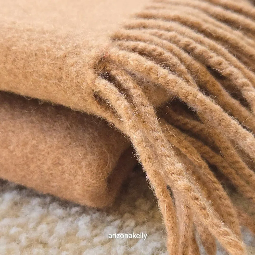 Classic Camel-colored Wool Scarf with Fringe Tan